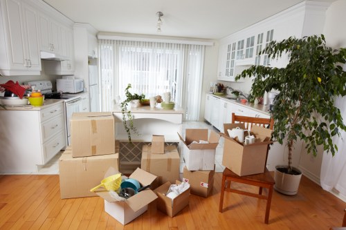 Climate-controlled storage unit interior with organized boxes
