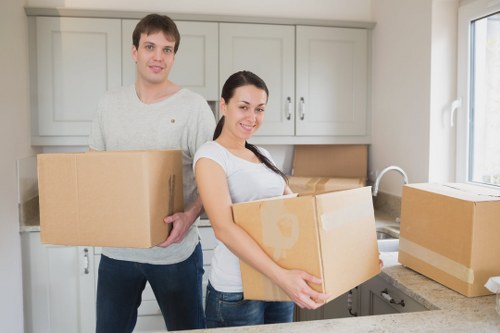 Packed furniture and labeled boxes for long-term storage